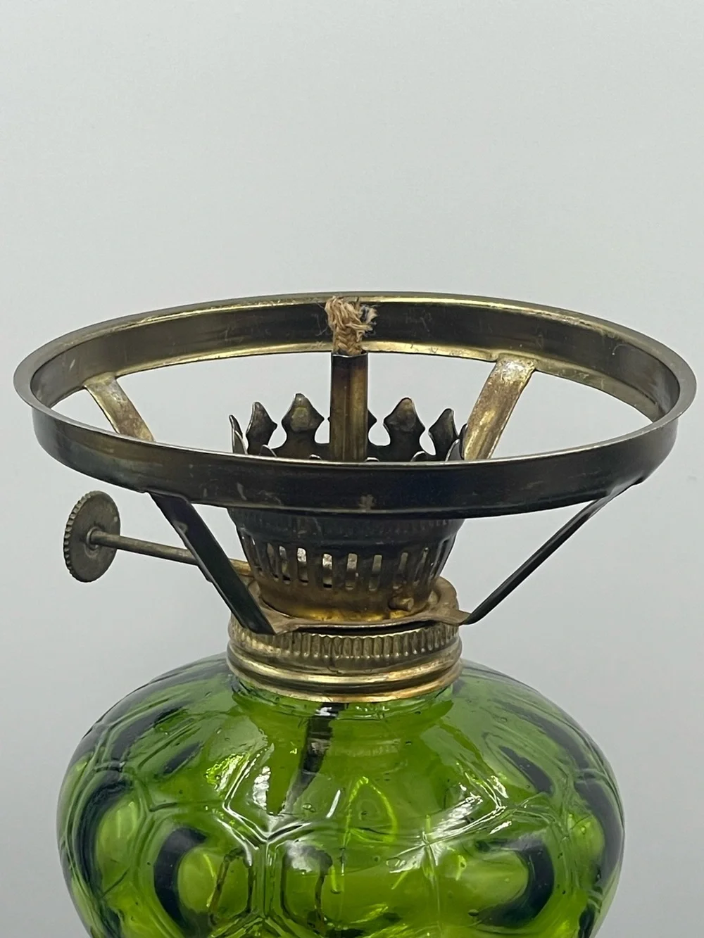 Vintage Emerald Green Pressed Glass Hurricane Oil Lamp w/Brass Metal Wick Collar